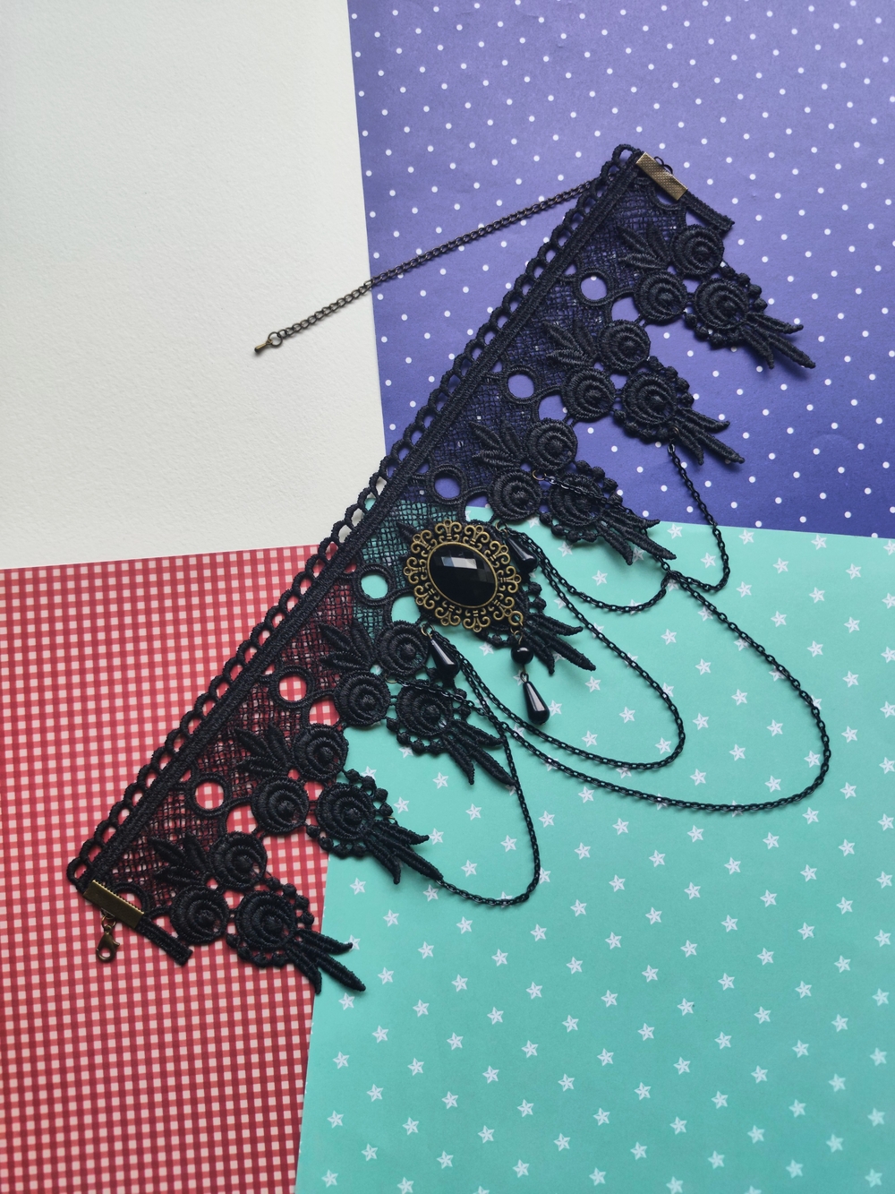 3/$25💙Victorian Black Lace Choker with Gem and Chain Trim - Picture 4 of 6